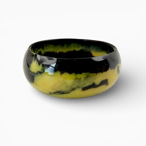 Vintage Resin Bangle, Marbled Black Yellow Bracelet, Chunky Wide Bangle, Retro